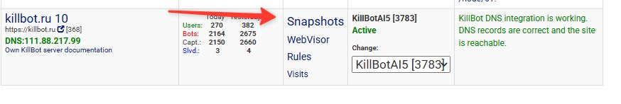 snapshots section in KillBot interface